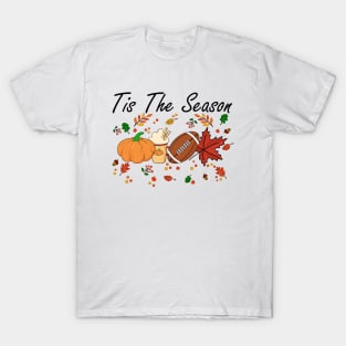 Tis The Season Pumpkin Leaf Latte Fall Thanksgiving Football T-Shirt